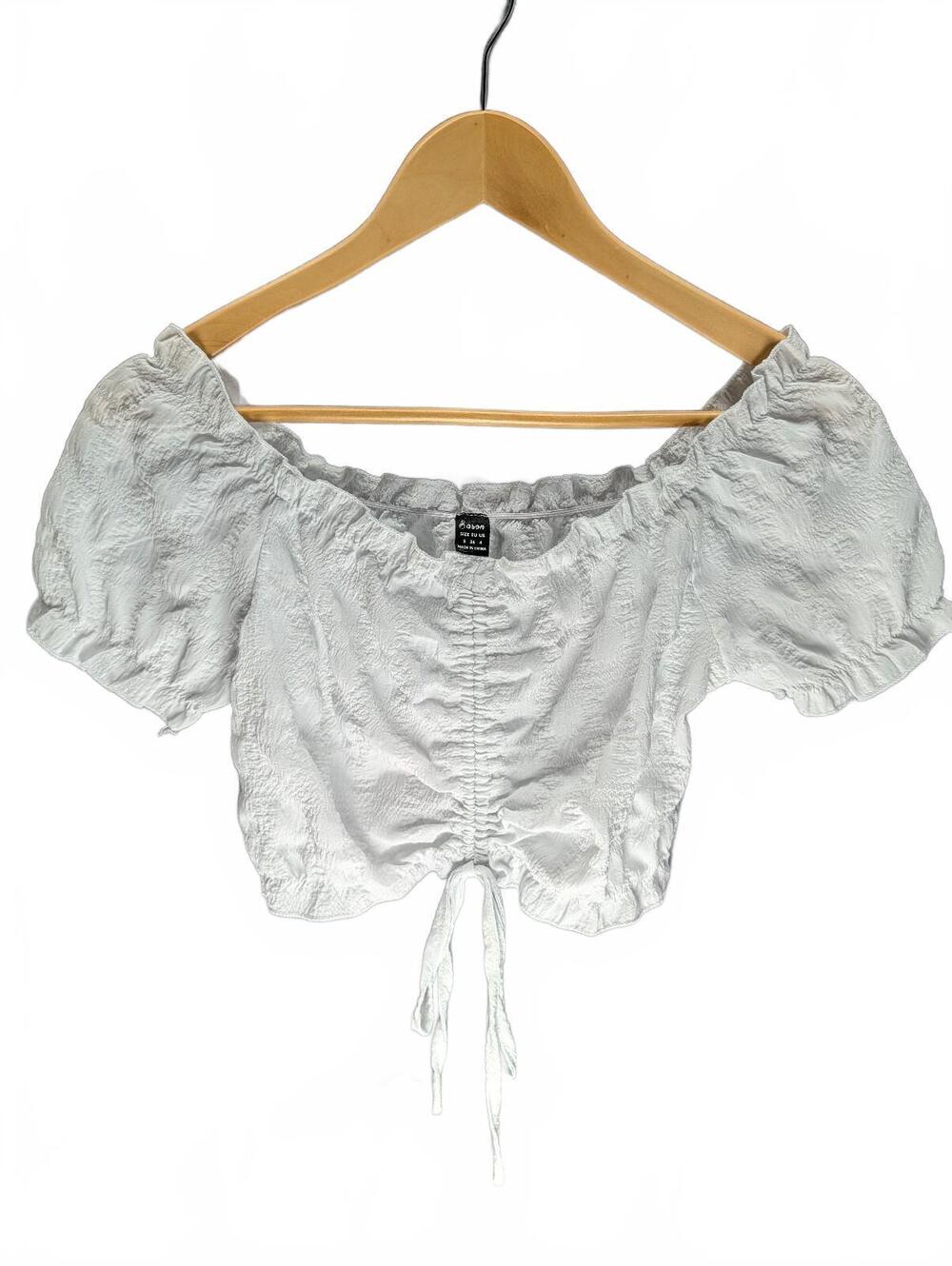 Sason White Textured Puff Sleeve Crop Top, Size EU 36 / US 4